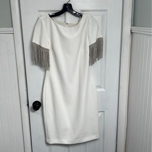 Ivory Badgley Mischka dress with rhinestone fringe sleeves